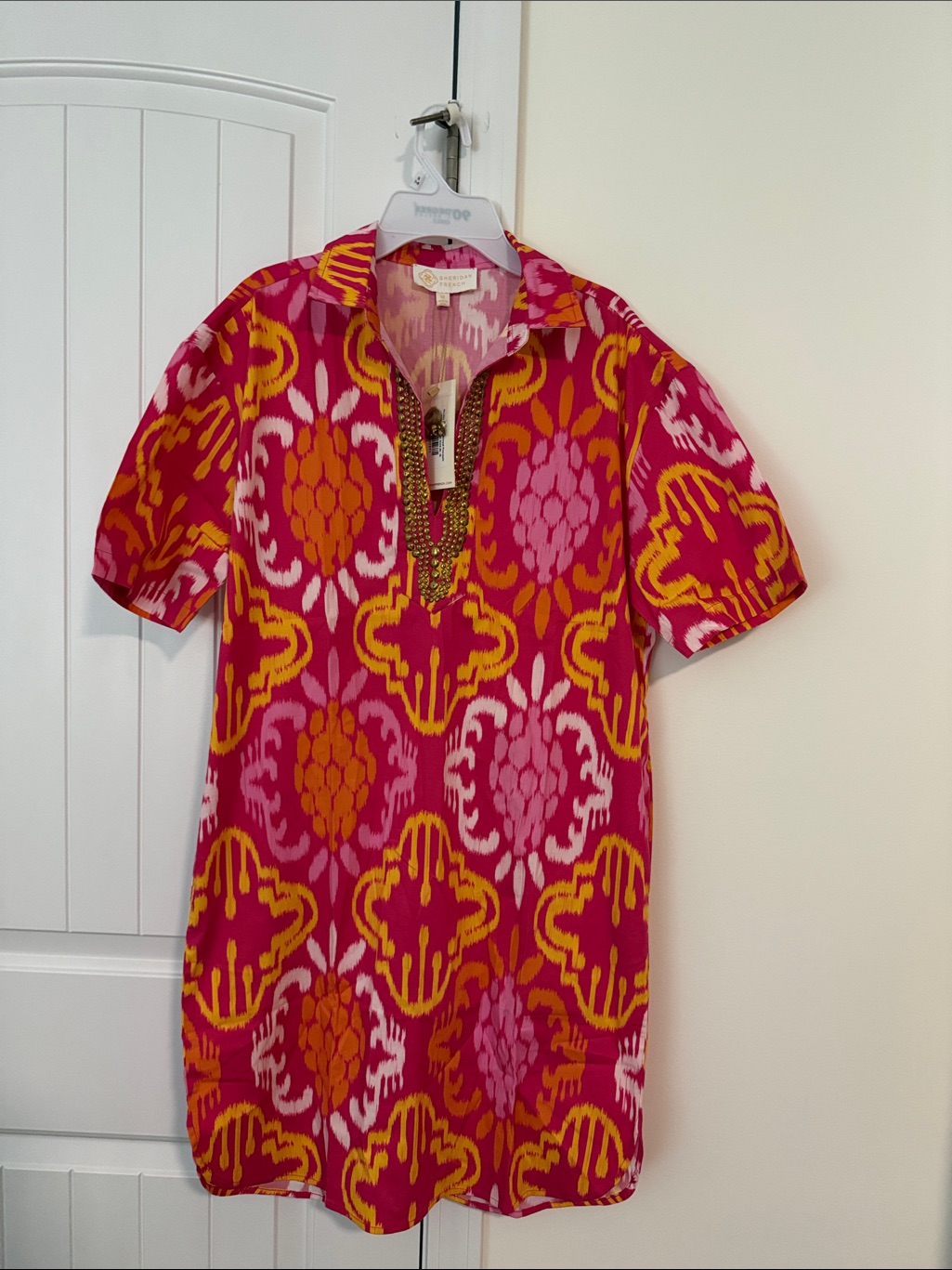 Beaded-Trim Pink & Yellow Printed Mini Dress